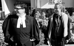 Lawyer Kirk Tousaw, left, and defendant Owen Smith outside of court in Victoria on Friday. Smith will be back in court on April 25. (Photo by Darren Stone)